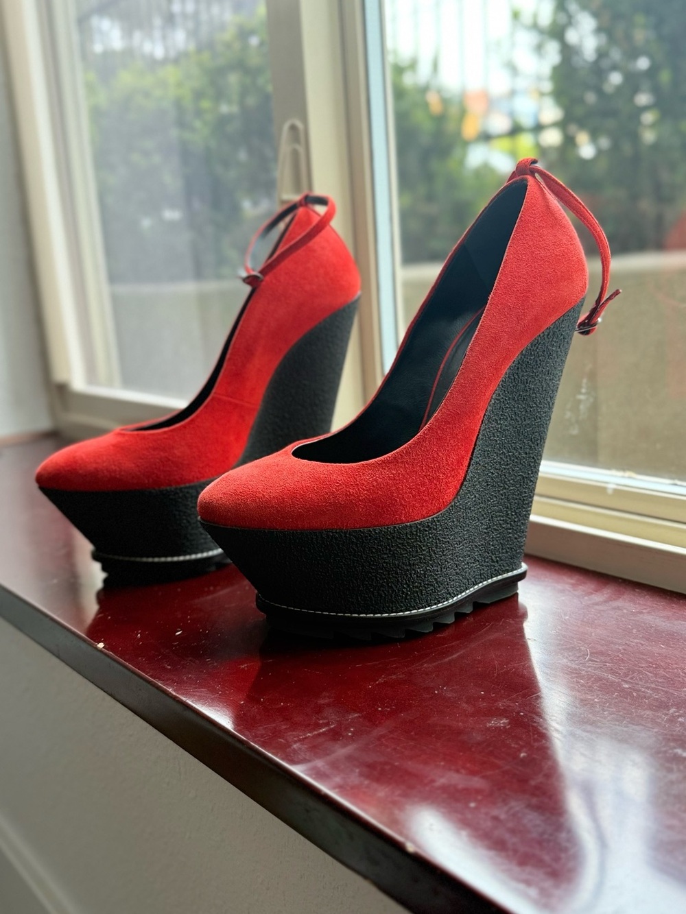Giuseppe Zanotti Red Suede Platform Wedge Heels with Ankle Tie